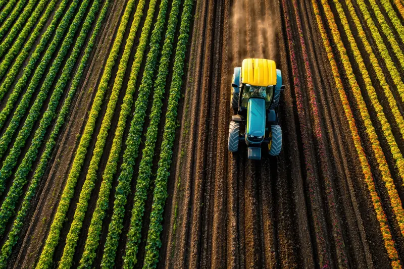 Aerial view of a tractor ploughing rows in a green field