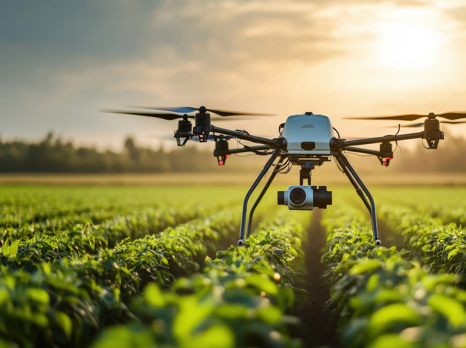 An agricultural drone hovering over rows of green crops at sunset