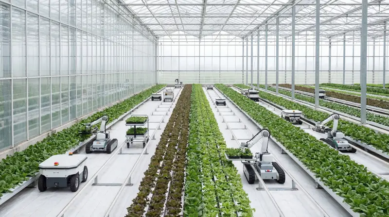 Automated robotic machines tending crops inside a modern glass greenhouse