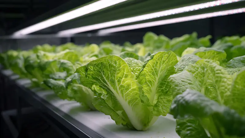 Rows of fresh green lettuce growing under lights in an indoor vertical farm
